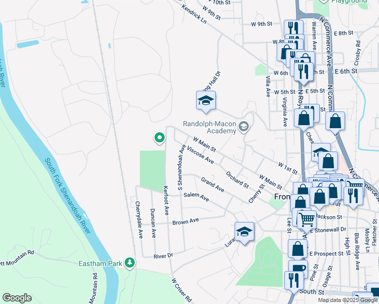 map of restaurants, bars, coffee shops, grocery stores, and more near 518 Viscose Avenue in Front Royal