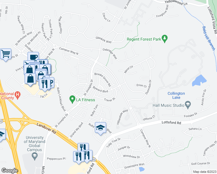 map of restaurants, bars, coffee shops, grocery stores, and more near 2304 Brooke Grove Road in Bowie
