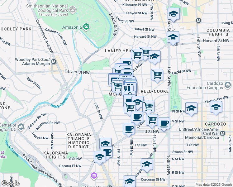 map of restaurants, bars, coffee shops, grocery stores, and more near Columbia Road Northwest in Washington