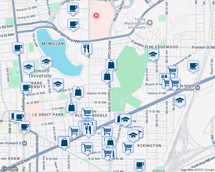 map of restaurants, bars, coffee shops, grocery stores, and more near 101 Independence Avenue Southeast in Washington