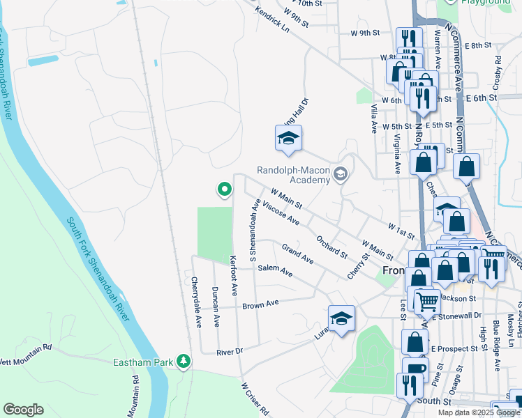 map of restaurants, bars, coffee shops, grocery stores, and more near 108 South Shenandoah Avenue in Front Royal