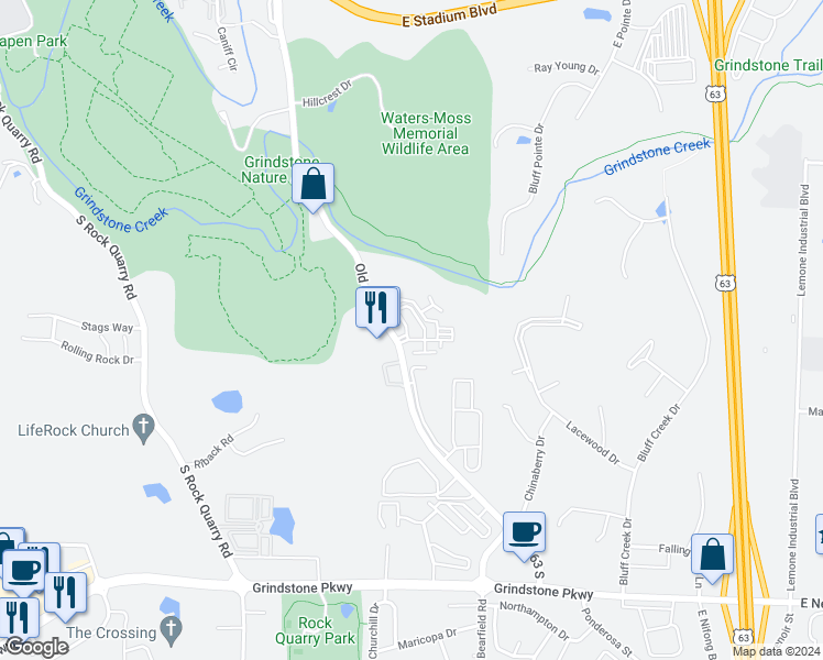 map of restaurants, bars, coffee shops, grocery stores, and more near 2601 Old 63 South in Columbia