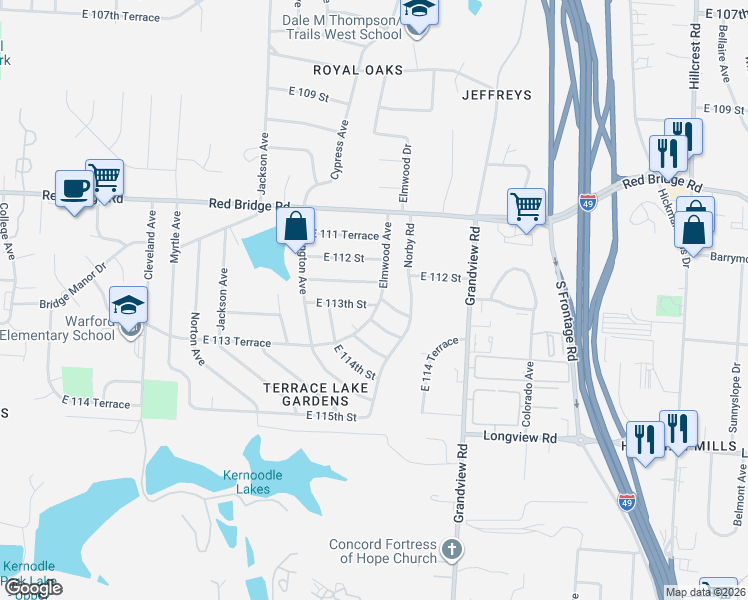 map of restaurants, bars, coffee shops, grocery stores, and more near 4605 East 112 Terrace in Kansas City