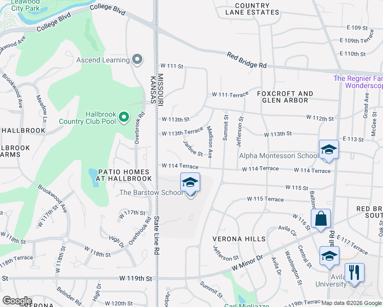 map of restaurants, bars, coffee shops, grocery stores, and more near 1008 West 114 Terrace in Kansas City