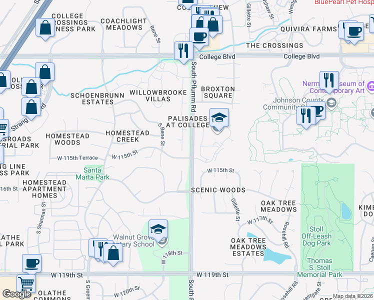 map of restaurants, bars, coffee shops, grocery stores, and more near 13506 West 115th Street in Olathe