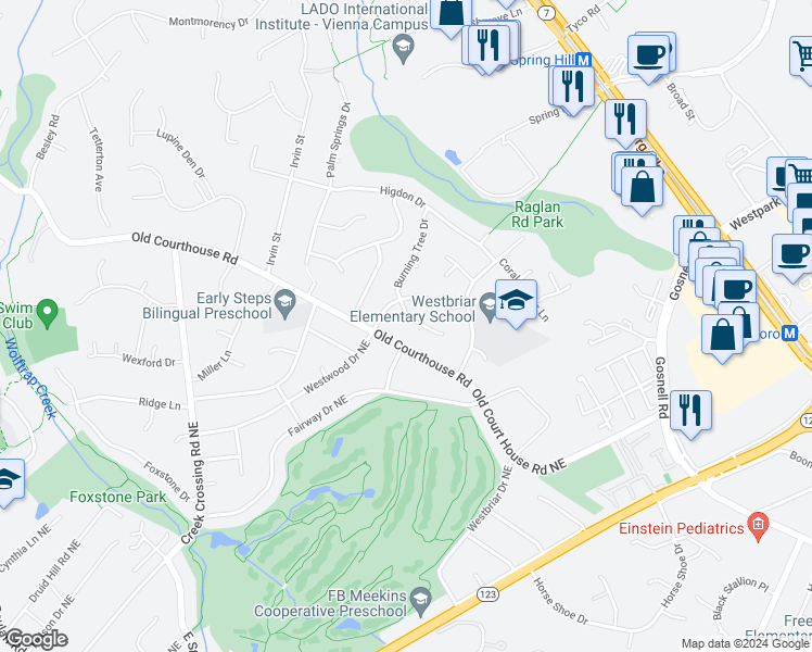 map of restaurants, bars, coffee shops, grocery stores, and more near 1728 Burning Tree Drive in Vienna
