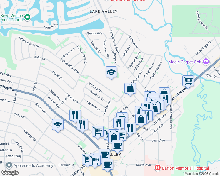 map of restaurants, bars, coffee shops, grocery stores, and more near 943 Tahoe Island Drive in South Lake Tahoe