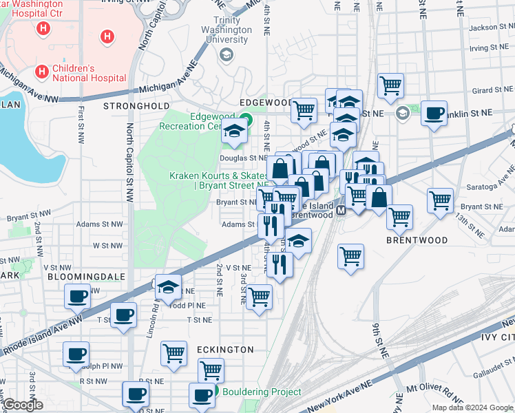 map of restaurants, bars, coffee shops, grocery stores, and more near 321 Bryant Street Northeast in Washington