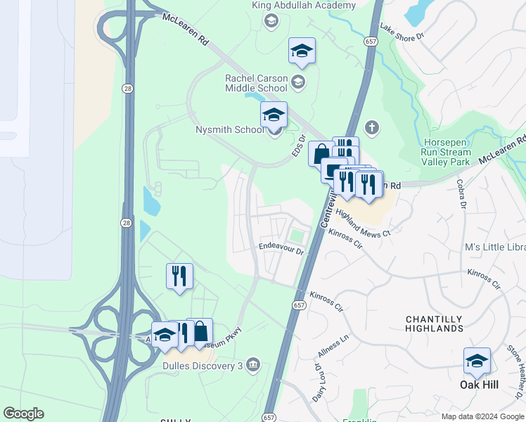 map of restaurants, bars, coffee shops, grocery stores, and more near 13724 Neil Armstrong Avenue in Herndon