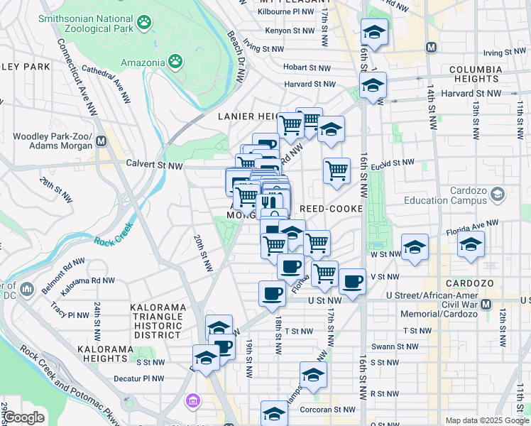 map of restaurants, bars, coffee shops, grocery stores, and more near 2412 18th Street Northwest in Washington