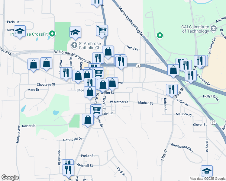 map of restaurants, bars, coffee shops, grocery stores, and more near 233 West Elm Street in Alton