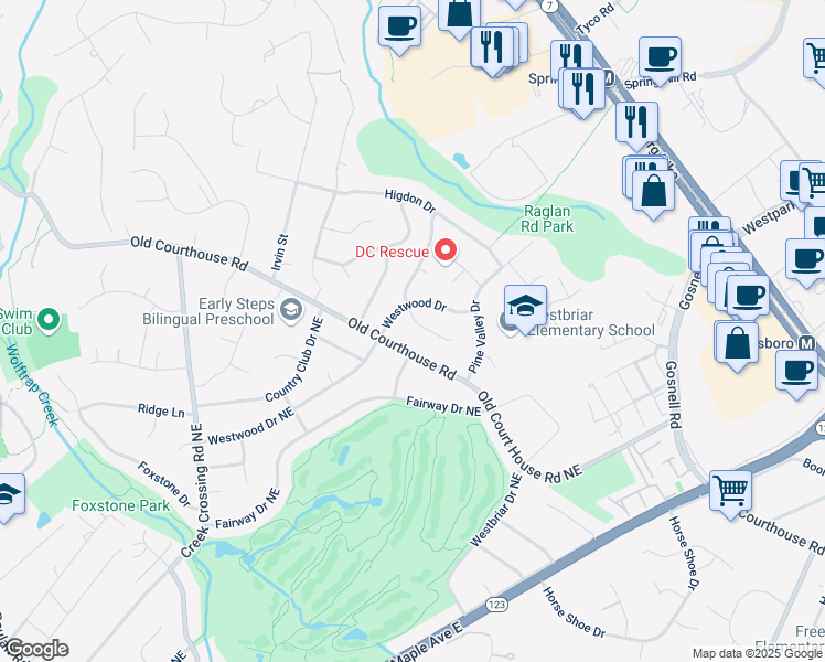 map of restaurants, bars, coffee shops, grocery stores, and more near 1728 Burning Tree Drive in Vienna