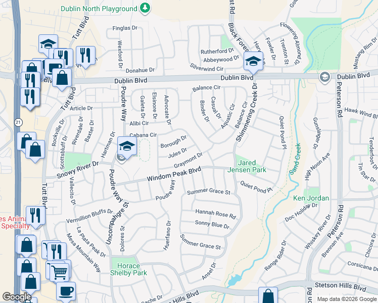map of restaurants, bars, coffee shops, grocery stores, and more near 6547 Graymont Drive in Colorado Springs