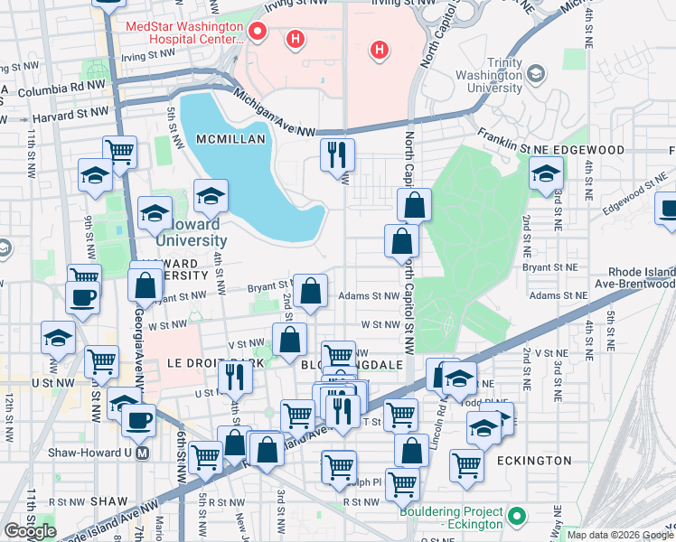 map of restaurants, bars, coffee shops, grocery stores, and more near 100 Bryant Street Northwest in Washington