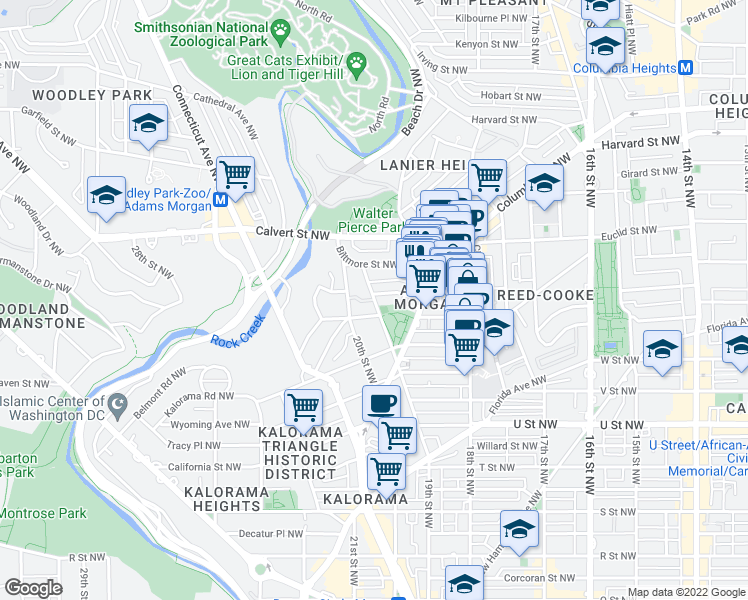 map of restaurants, bars, coffee shops, grocery stores, and more near 19th St NW & Kalorama Pl NW in Washington