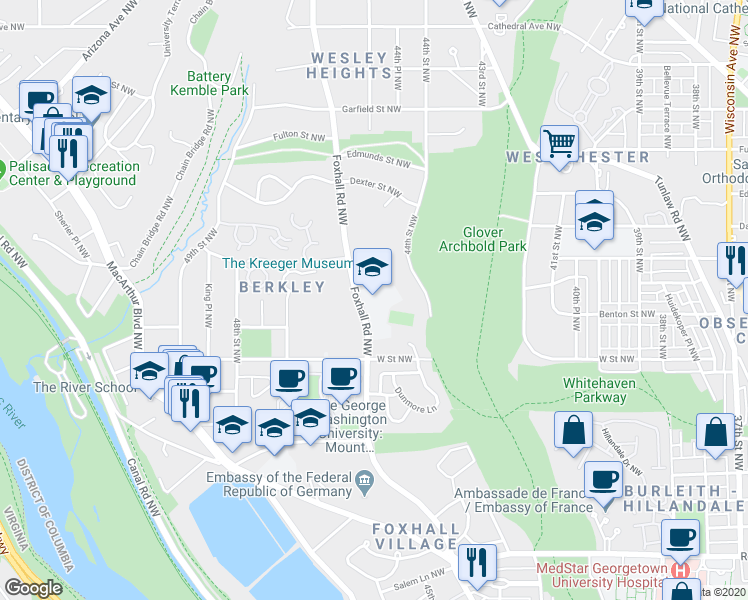 map of restaurants, bars, coffee shops, grocery stores, and more near 2301 Foxhall Road Northwest in Washington