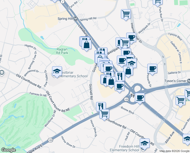 map of restaurants, bars, coffee shops, grocery stores, and more near 1723 Gosnell Road in Tysons