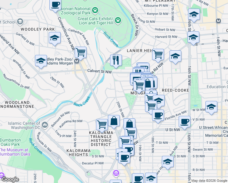 map of restaurants, bars, coffee shops, grocery stores, and more near 2410 20th Street Northwest in Washington