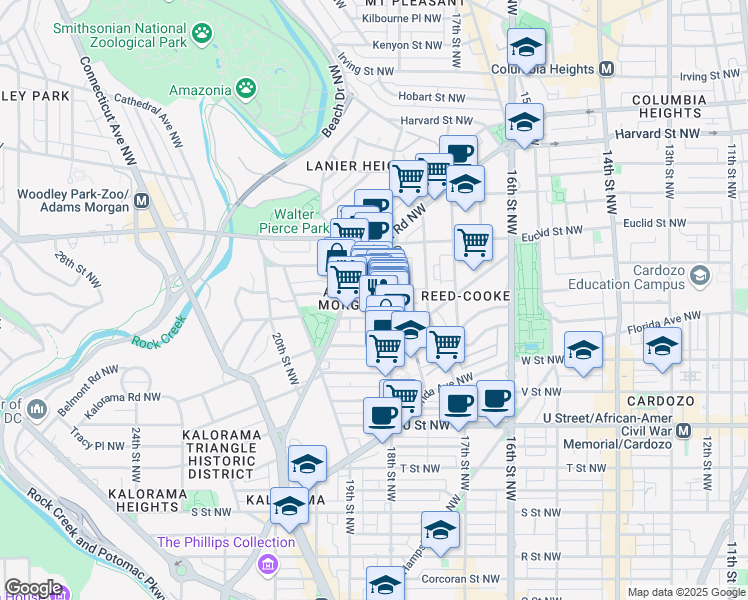 map of restaurants, bars, coffee shops, grocery stores, and more near 2412 18th Street Northwest in Washington