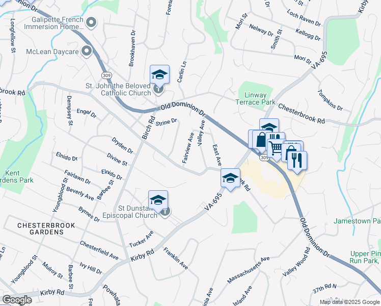 map of restaurants, bars, coffee shops, grocery stores, and more near 1725 Fairview Avenue in McLean
