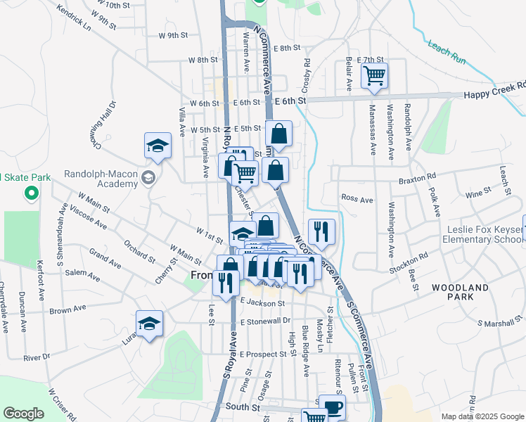 map of restaurants, bars, coffee shops, grocery stores, and more near 117 East 2nd Street in Front Royal