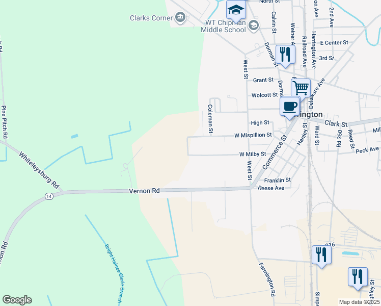 map of restaurants, bars, coffee shops, grocery stores, and more near 148 West Milby Street in Harrington