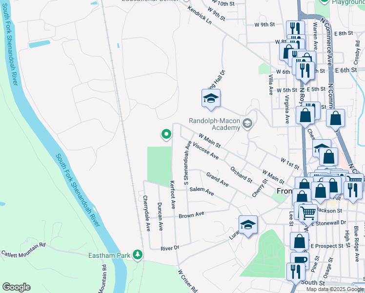 map of restaurants, bars, coffee shops, grocery stores, and more near 107 South Shenandoah Avenue in Front Royal