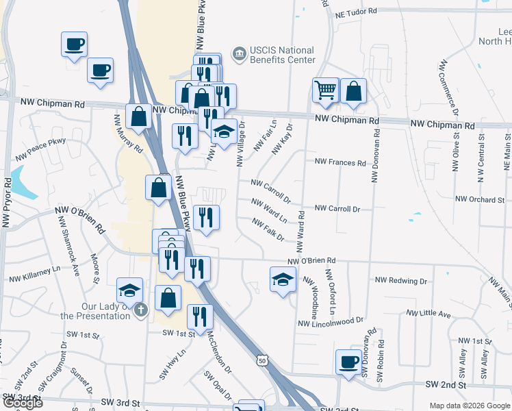 map of restaurants, bars, coffee shops, grocery stores, and more near 602 Northwest Falk Drive in Lee's Summit