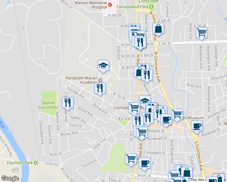 map of restaurants, bars, coffee shops, grocery stores, and more near 211 West 1st Street in Front Royal