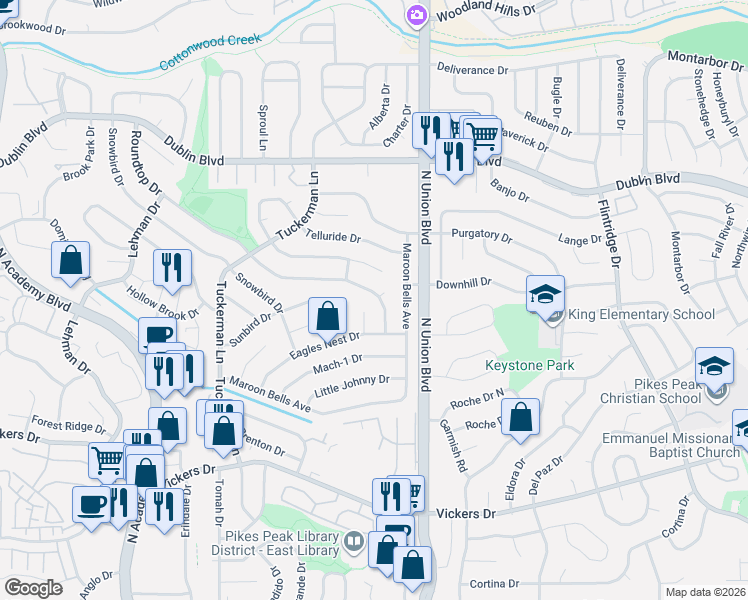 map of restaurants, bars, coffee shops, grocery stores, and more near 6020 Eagles Nest Court in Colorado Springs
