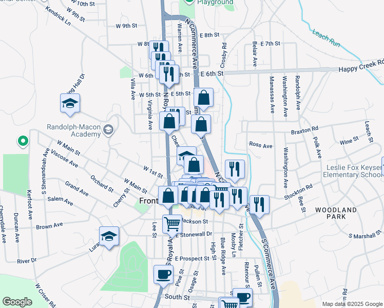 map of restaurants, bars, coffee shops, grocery stores, and more near 115 East 2nd Street in Front Royal