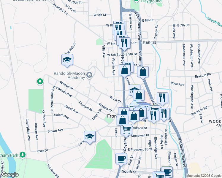 map of restaurants, bars, coffee shops, grocery stores, and more near 115 Virginia Avenue in Front Royal