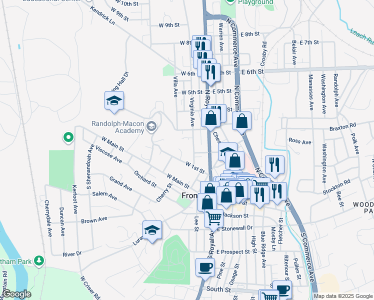 map of restaurants, bars, coffee shops, grocery stores, and more near 115 Virginia Avenue in Front Royal