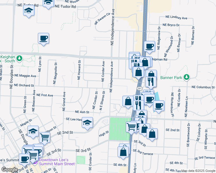 map of restaurants, bars, coffee shops, grocery stores, and more near 309 Northeast Independence Avenue in Lee's Summit