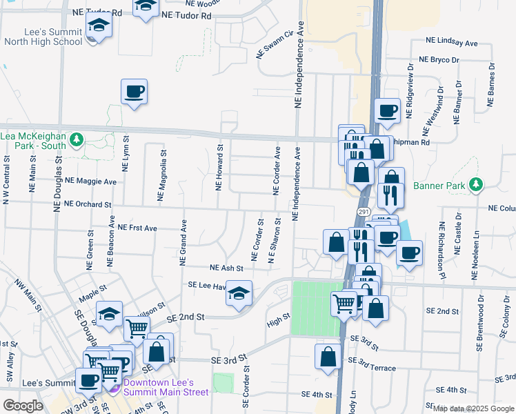 map of restaurants, bars, coffee shops, grocery stores, and more near 407 Northeast Florence Avenue in Lee's Summit