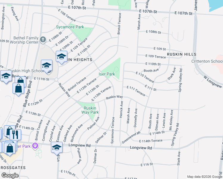 map of restaurants, bars, coffee shops, grocery stores, and more near 7804 Ruskin Way in Kansas City