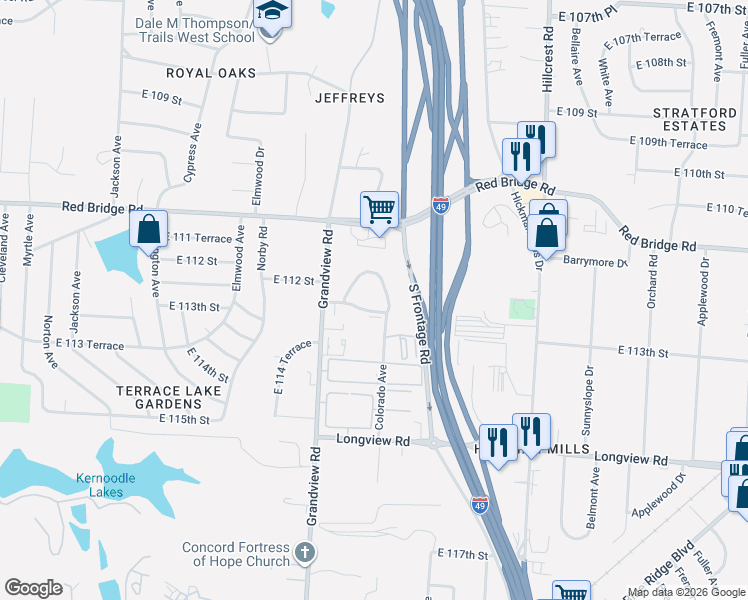 map of restaurants, bars, coffee shops, grocery stores, and more near 5211 East 112 Terrace in Kansas City
