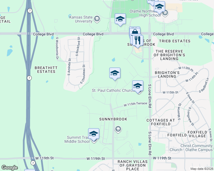 map of restaurants, bars, coffee shops, grocery stores, and more near 11533 South Roundtree Street in Olathe