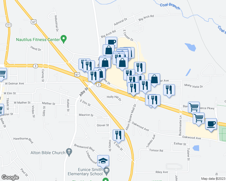 map of restaurants, bars, coffee shops, grocery stores, and more near 191 East Homer M Adams Parkway in Alton
