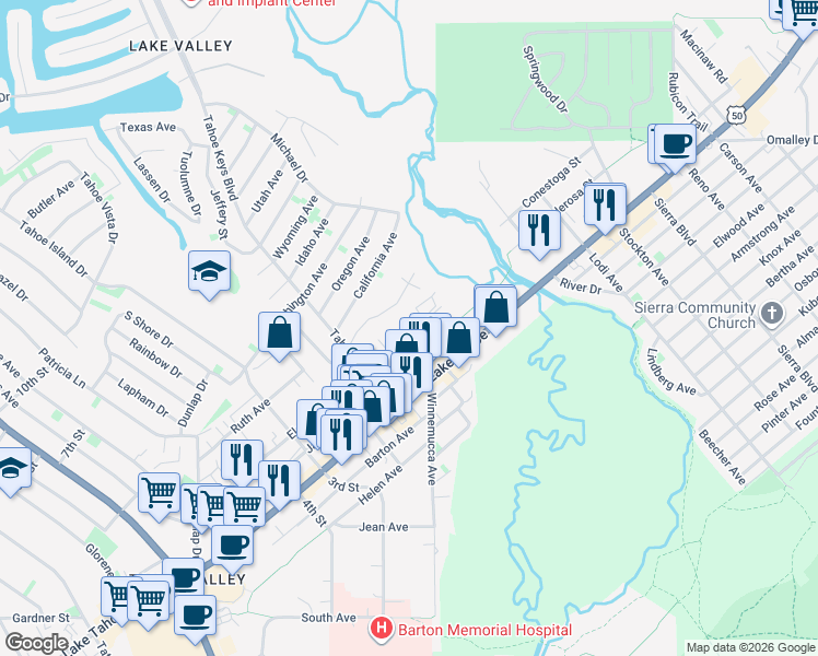 map of restaurants, bars, coffee shops, grocery stores, and more near 2301 James Avenue in South Lake Tahoe