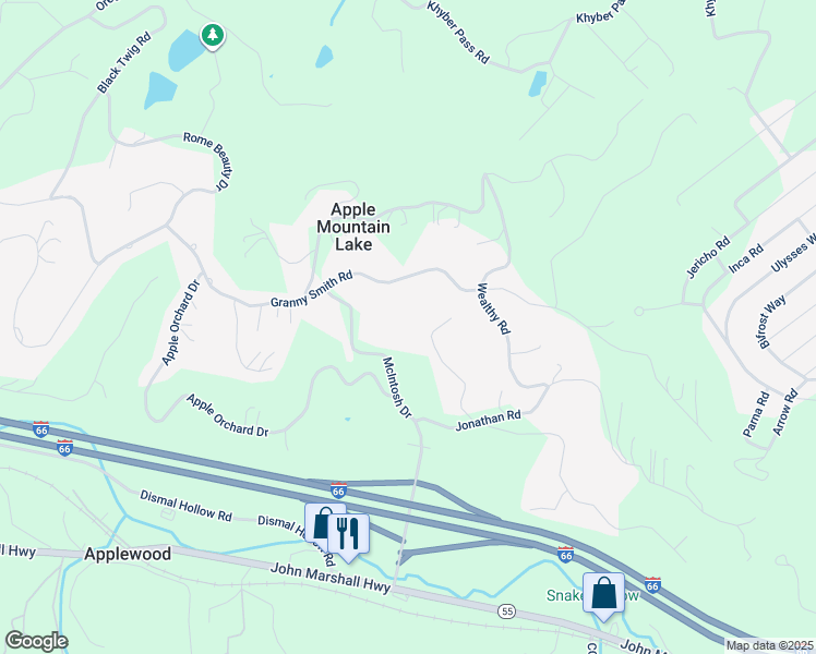 map of restaurants, bars, coffee shops, grocery stores, and more near 225 Apple Core Road in Apple Mountain Lake