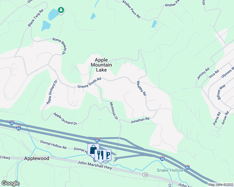 map of restaurants, bars, coffee shops, grocery stores, and more near 225 Apple Core Road in Apple Mountain Lake