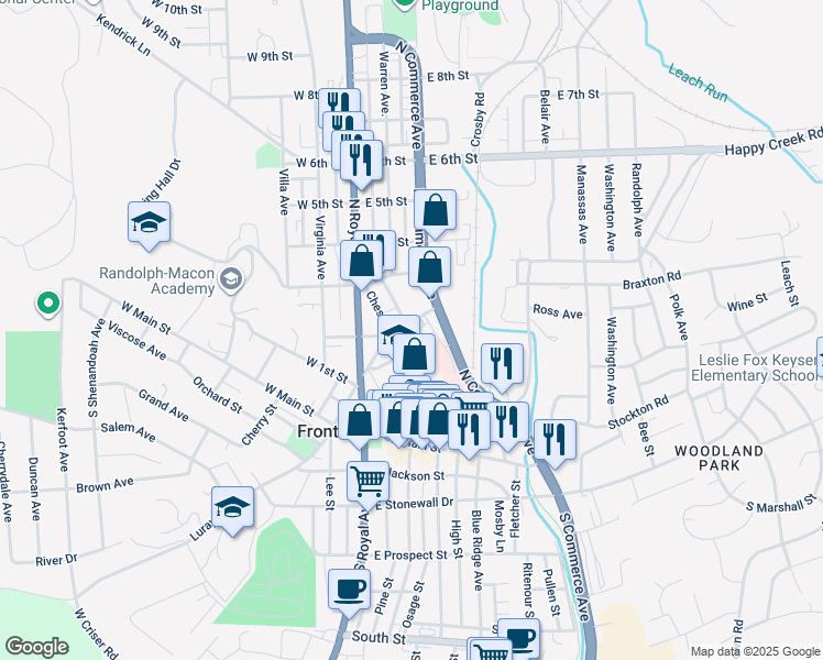 map of restaurants, bars, coffee shops, grocery stores, and more near 117 East 2nd Street in Front Royal