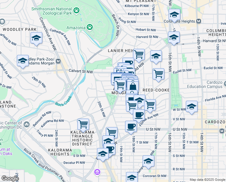 map of restaurants, bars, coffee shops, grocery stores, and more near 1840 Mintwood Place Northwest in Washington