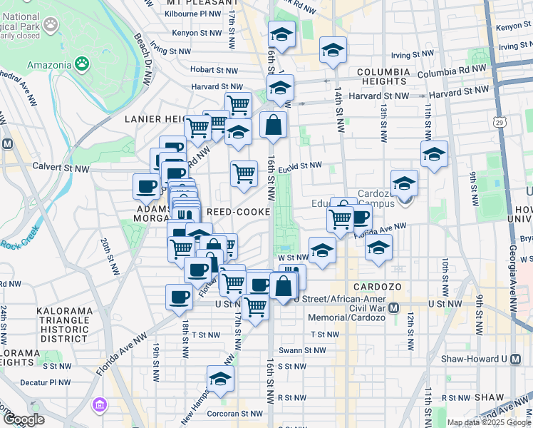 map of restaurants, bars, coffee shops, grocery stores, and more near 2400 16th Street Northwest in Washington
