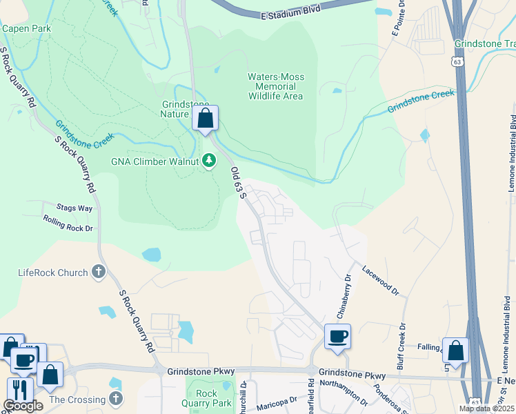 map of restaurants, bars, coffee shops, grocery stores, and more near 2500 Old 63 South in Columbia
