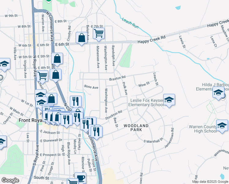 map of restaurants, bars, coffee shops, grocery stores, and more near 217 Clymer Avenue in Front Royal
