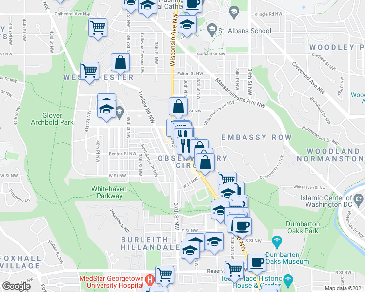 map of restaurants, bars, coffee shops, grocery stores, and more near 2405 37th Street Northwest in Washington