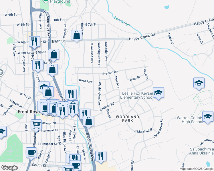 map of restaurants, bars, coffee shops, grocery stores, and more near 217 Clymer Avenue in Front Royal