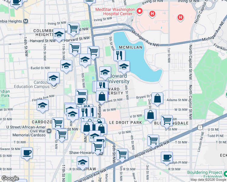 map of restaurants, bars, coffee shops, grocery stores, and more near 101 Independence Avenue Southeast in Washington